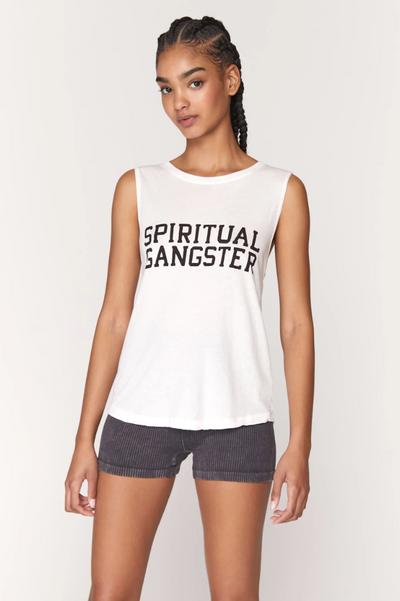 Spritual Gangster Varsity Muscle Tank in White
